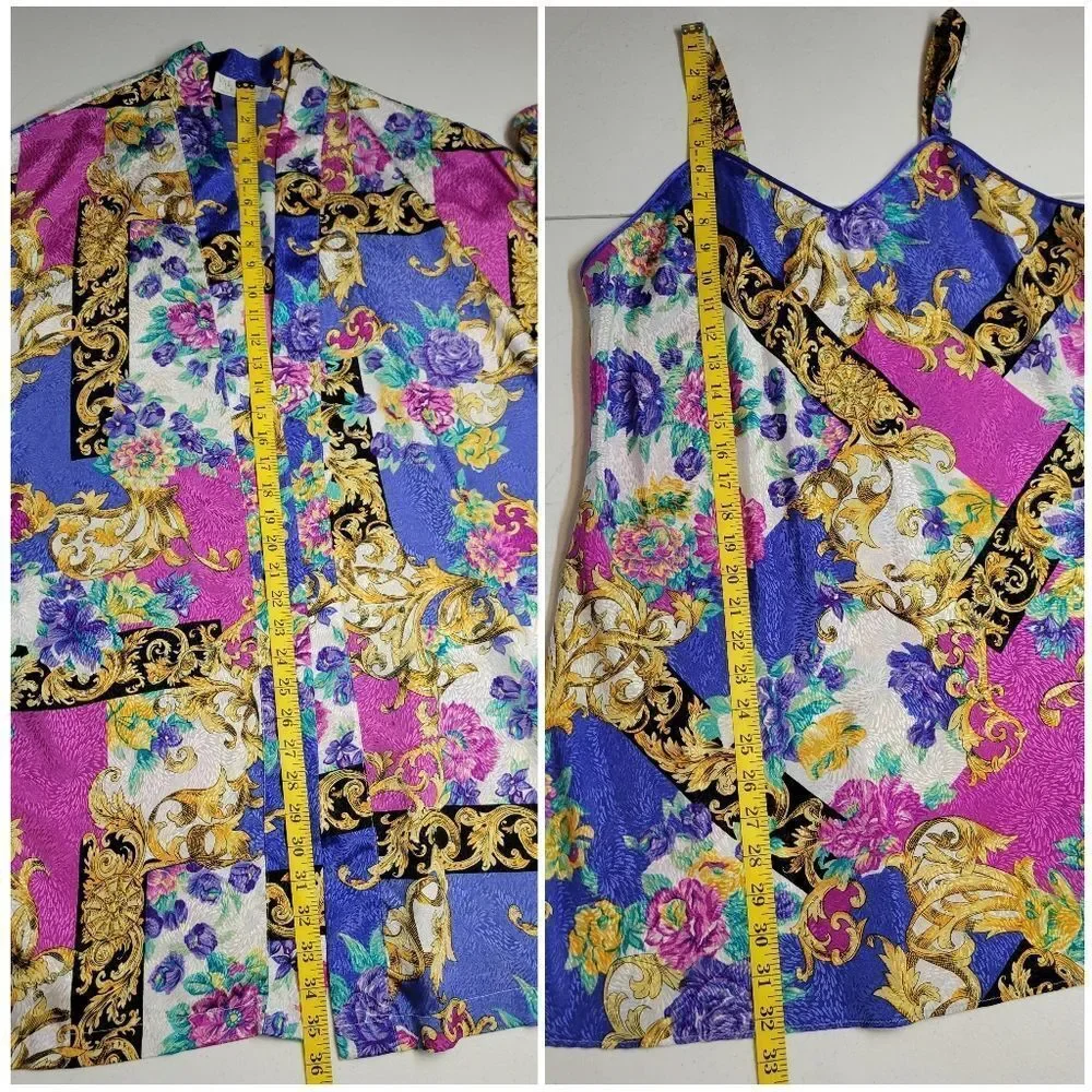 Vintage Satin Floral and Baroque Print Chemsie Slip Dress and Matching Robe Set